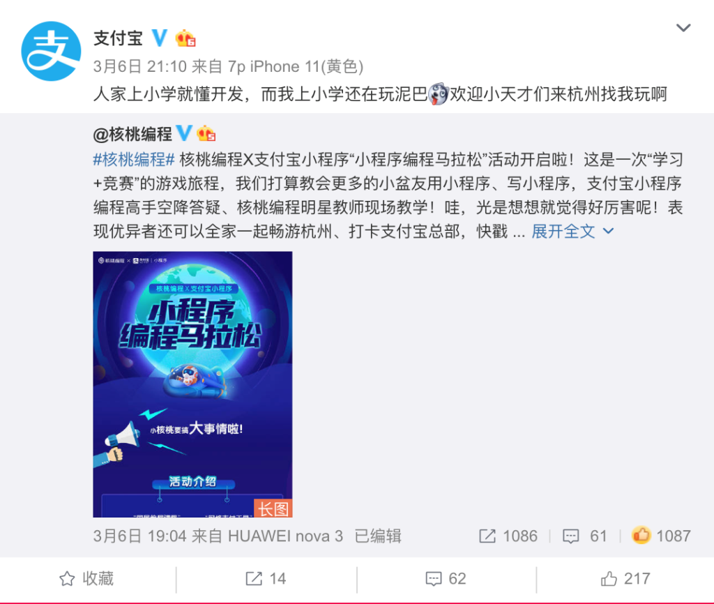 核桃编程x支付宝小程序 “小程序编程马拉松” 向全国中小学生发出邀请-黑板洞察